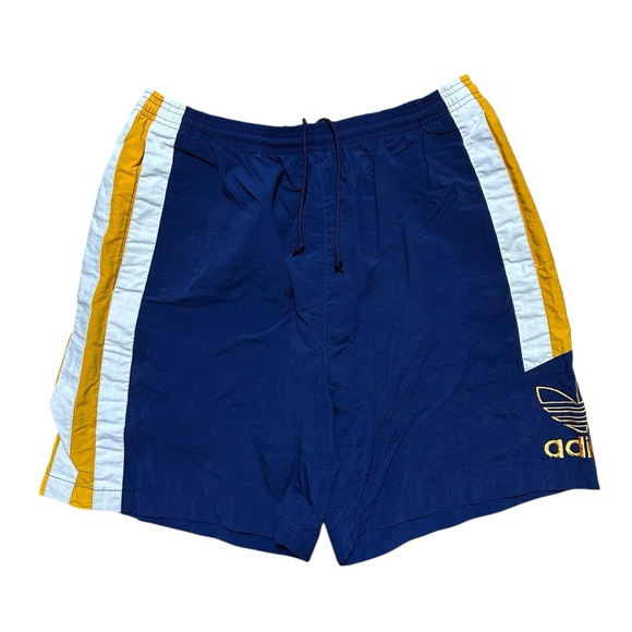 Vintage 90s Adidas Blue Yellow Windbreaker Side Logo Streetwear Shorts Size L